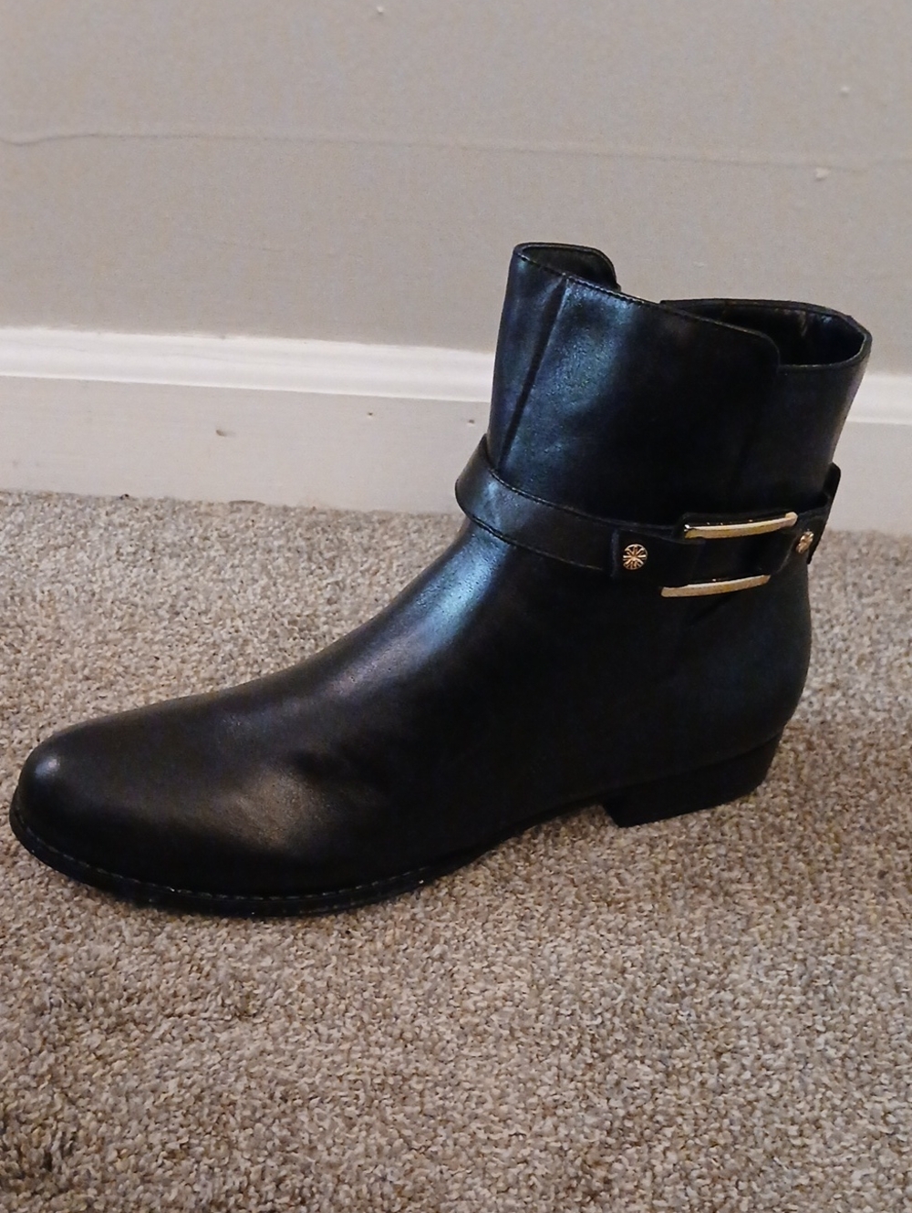 Isaac Mizrahi Black Leather Ankle Boot with Gold Hardware